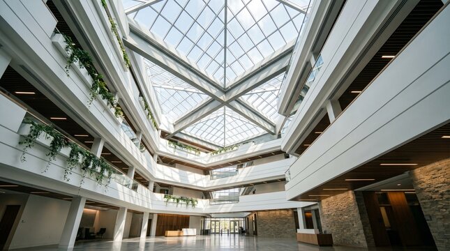 Wide angle view of a spacious modern corporate atrium featuring a glass skylight with structural cross-beams, green plants on balconies, and natural daylight