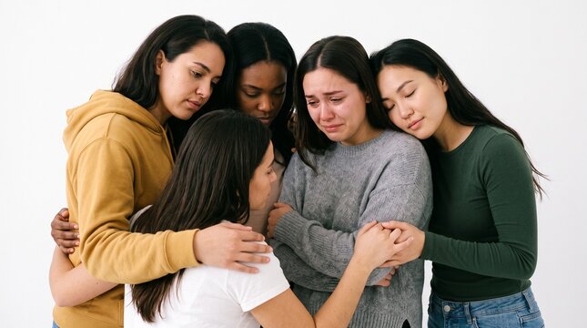 Diverse group of women comforting a crying friend showing empathy and support
