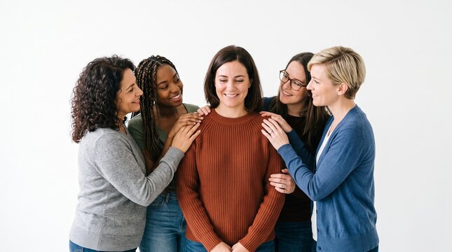 Diverse group of women supporting each other with gentle touches and smiles