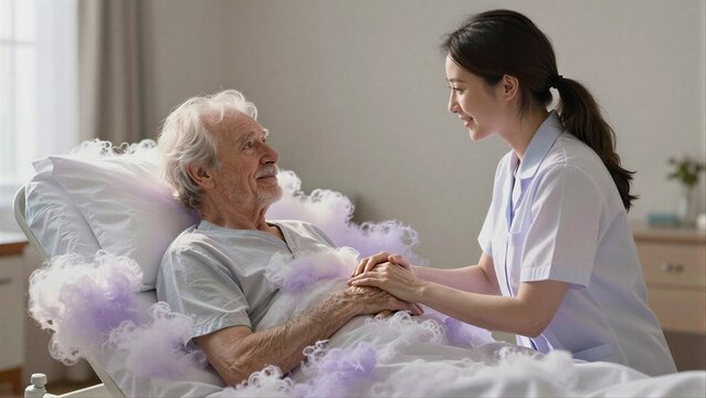 Nurse comforts elderly patient with gentle touch, surrounded by soft purple clouds.