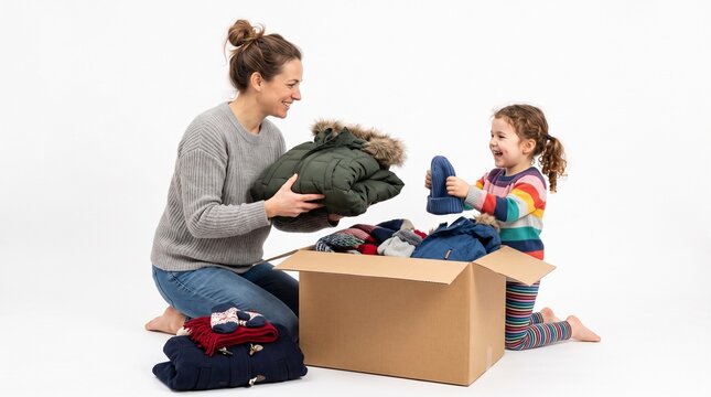 Mother and daughter packing winter clothes for donation or storage