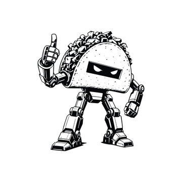 Taco Robot Giving Thumbs Up, Monochrome Mechanical Food Character