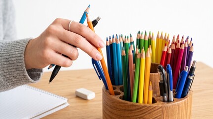 Naklejka premium Artist selecting an orange pencil from a wooden holder filled with colored pencils and pens