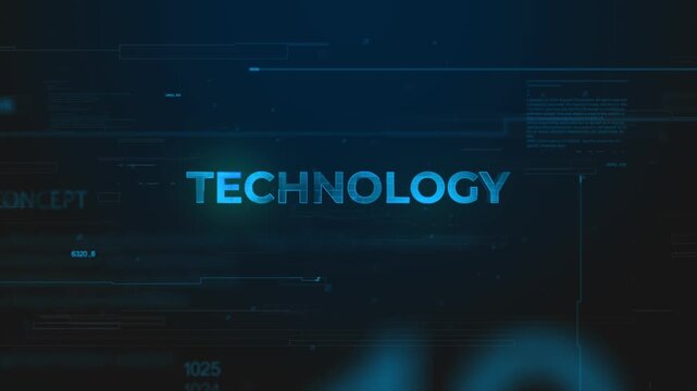 Technology word display with abstract digital motion graphics and binary data streaming in dark blue background