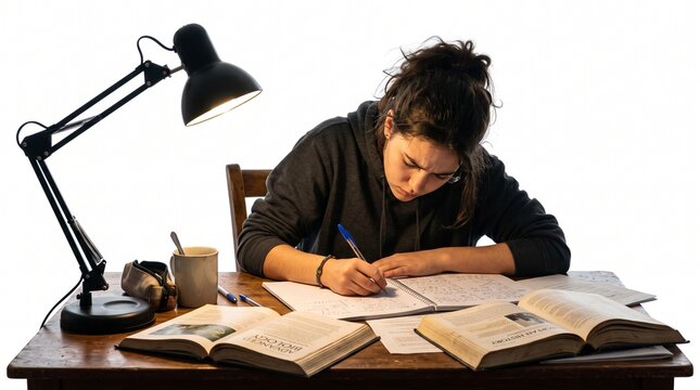 Teenage girl studying late at night with desk lamp and books