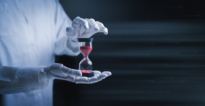 Robot Hand Holding Hourglass Concept of AI and Time Management