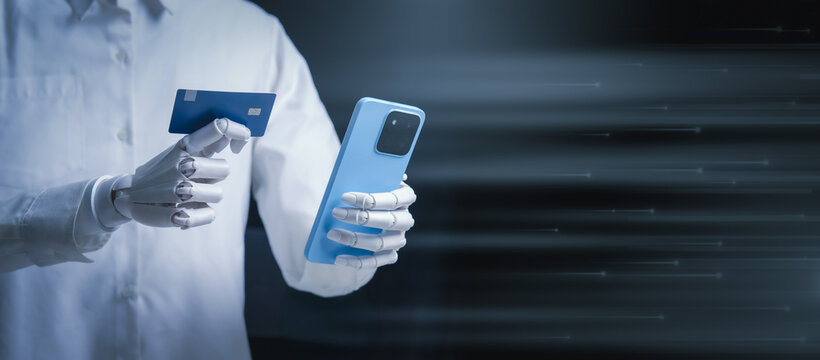 Robot Hands Holding Credit Card and Smartphone for Online Shopping Concept