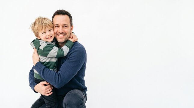 Father and Son Hugging Happily Together on White Background