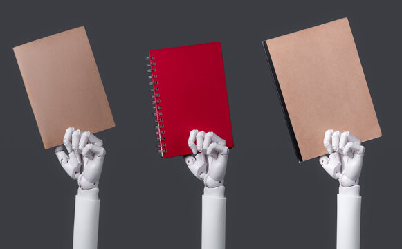Robotic Hands Presenting Blank Books Unique Red Cover Concept of AI Education
