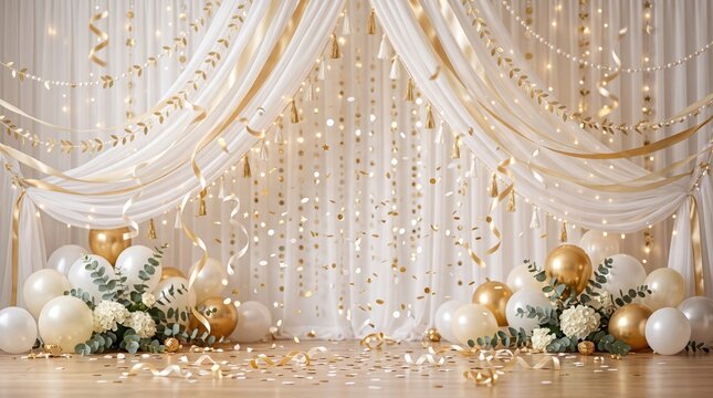 Elegant wedding backdrop with white curtains and gold balloons. Festive party stage with fairy lights and confetti. Luxury event decoration.