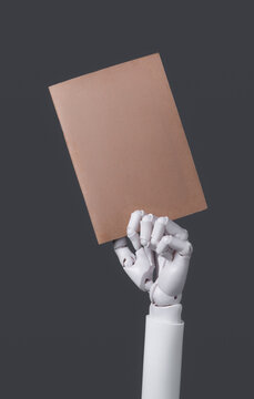 Robotic Hand Presenting Empty Brown Book Cover Concept of AI Learning