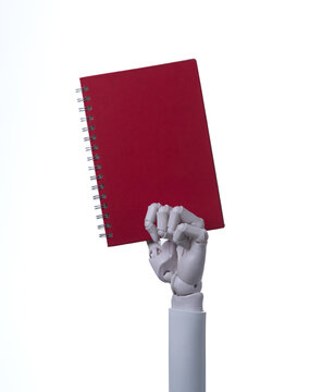 Robot Hand Holding Blank Red Spiral Notebook Mockup Concept of AI Education