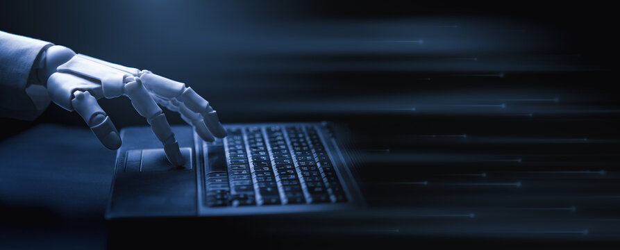 Robotic Hand Typing on Computer Keyboard Banner Concept of AI Automation