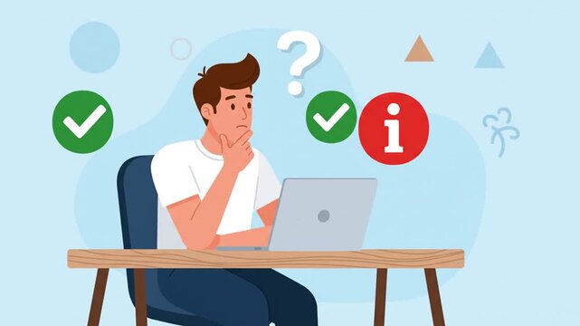 Man working on laptop with status icons flat vector set