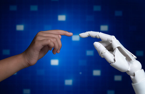 Human Hand Touching Robot Finger Concept of Future Human and AI Connection