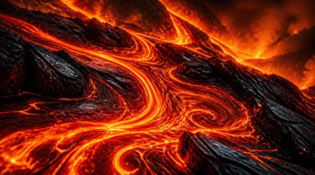 Glowing liquid magma flowing over dark volcanic rock formations