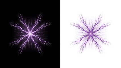 Fototapeta premium Symmetrical purple lightning starburst effect isolated on white and black backgrounds