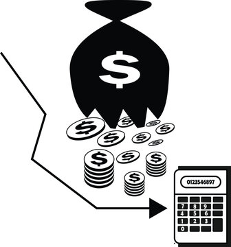 Financial loss and bankruptcy concept illustration with leaking money bag falling coins and calculator showing economic downturn budget crisis