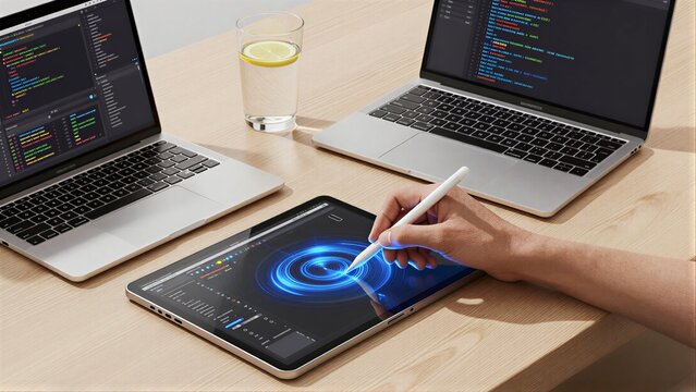 Developer uses tablet with stylus, surrounded by laptops and a glass of water.