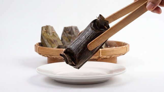 Person picking up traditional lemper with wooden tongs on white
