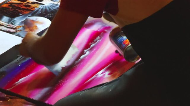 Street Artist Creating Spray Paint Art at Night Surrounded by Crowd and Displayed Prints in Rome Italy