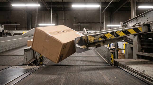 Conceptual action shot of a mechanical sorting diverter gate flicking a package