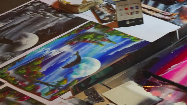 Street Artist Creating Spray Paint Art at Night Surrounded by Crowd and Displayed Prints in Rome Italy