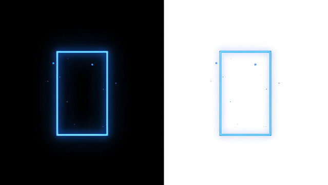 Vertical cyan neon rectangle frame with floating light particles on black and white backgrounds