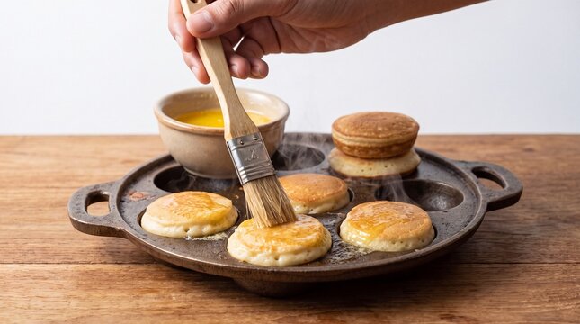 Hand brushing melted butter on mini pancakes in a cast iron pan