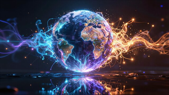A glowing Earth surrounded by vibrant digital energy streams, reflecting on a dark surface.