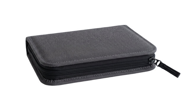 Closed dark gray fabric zippered case with black zipper and pull tab PNG Isolated on transparent background