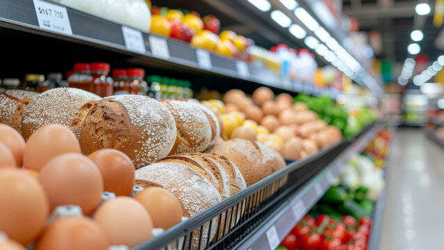 Fresh bread loaves sit beside eggs on supermarket shelves