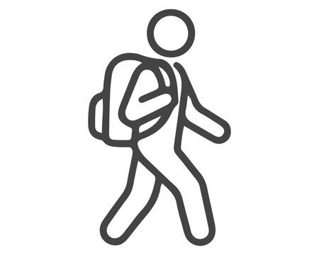 A simple line drawing of a person walking with a backpack