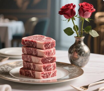 Stacked marbled wagyu beef on plate with rose vase on table, fresh meat and floral fine dining setting