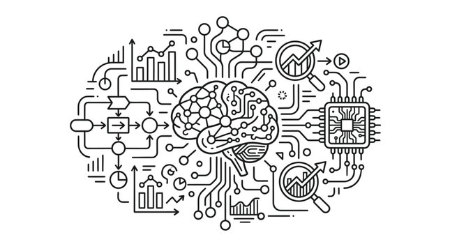 Artificial intelligence diagram represents digital data processing and neural networks.