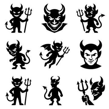 Devil demon silhouettes collection with horns and tridents