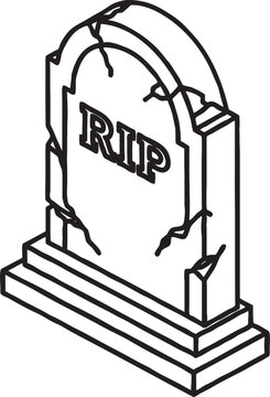 Black and white line art of a cracked headstone with rip inscription tombstone headstone cemetery halloween monument isolated monochrome mourning horrific minimalist decoration