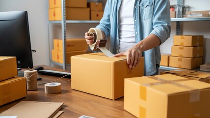 Fototapeta premium Person sealing cardboard box with tape dispenser for online retail shop shipping and delivery fulfillment