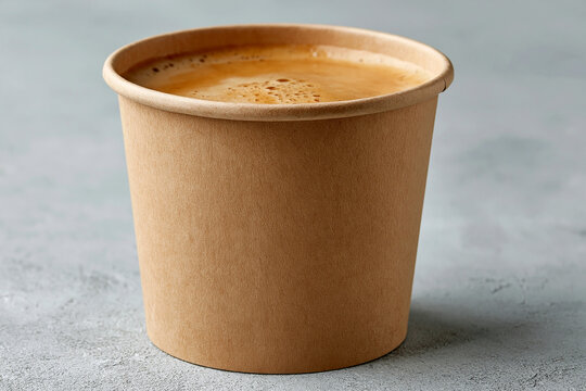 Kraft paper cup filled with freshly brewed espresso coffee on a gray surface