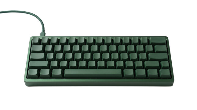 Compact dark green mechanical keyboard with a braided cable PNG Isolated on transparent background