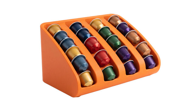 Orange coffee capsule holder with assorted colorful coffee pods PNG Isolated on transparent background