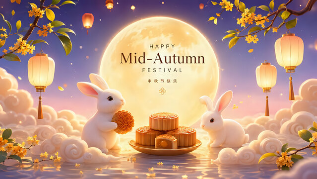 Mid autumn festival greeting card with cute white rabbits, mooncakes, and glowing lanterns in clouds