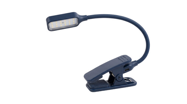 Clip on reading light with flexible gooseneck and USB charging port PNG Isolated on transparent background