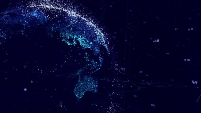 Digital globe visualization with glowing particles and data streams in this seamless motion background video clip