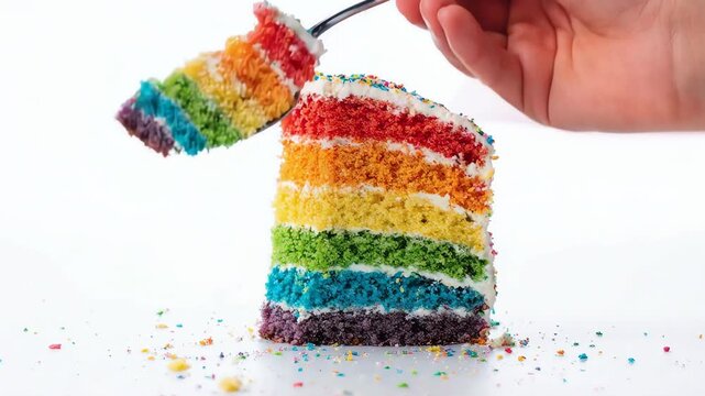 Close-up of a rainbow cake slice as a fork slices through vibrant colored layers, crumbs softly falling, clean white studio background
