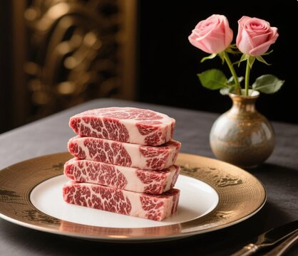 Stacked marbled wagyu beef on plate with rose vase on table, fresh meat and floral fine dining setting