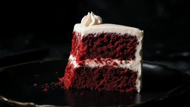 Close-up  a red velvet cake slice as a fork presses down and lifts a soft bite, cream cheese frosting slightly stretching