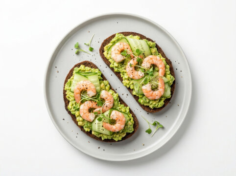 Avocado and Shrimp Toast on a Ceramic Plate