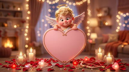 Naklejka premium Cute 3D Cupid Holding a Pink Heart