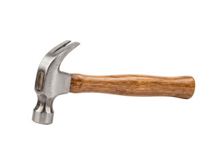 Professional construction hand tool for woodworking and home improvement tasks. Classic heavy duty hammer with ergonomic wooden grip isolated for design projects. © al basir stock